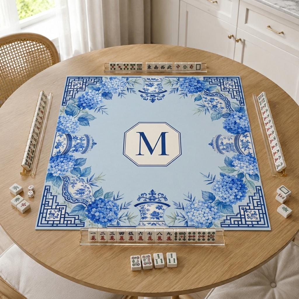 Personalized Mahjong Mat, Blue Hydrangea Chinoiserie, Custom Monogram Game Table Gift, 31.5 Inch