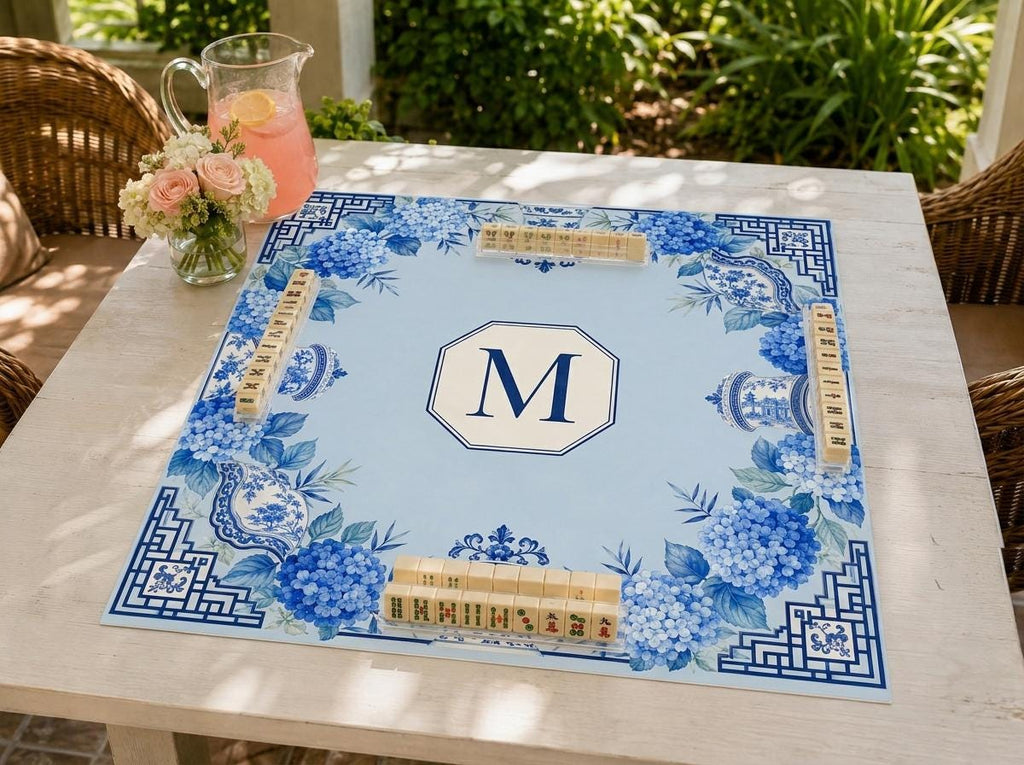 Personalized Mahjong Mat, Blue Hydrangea Chinoiserie, Custom Monogram Game Table Gift, 31.5 Inch