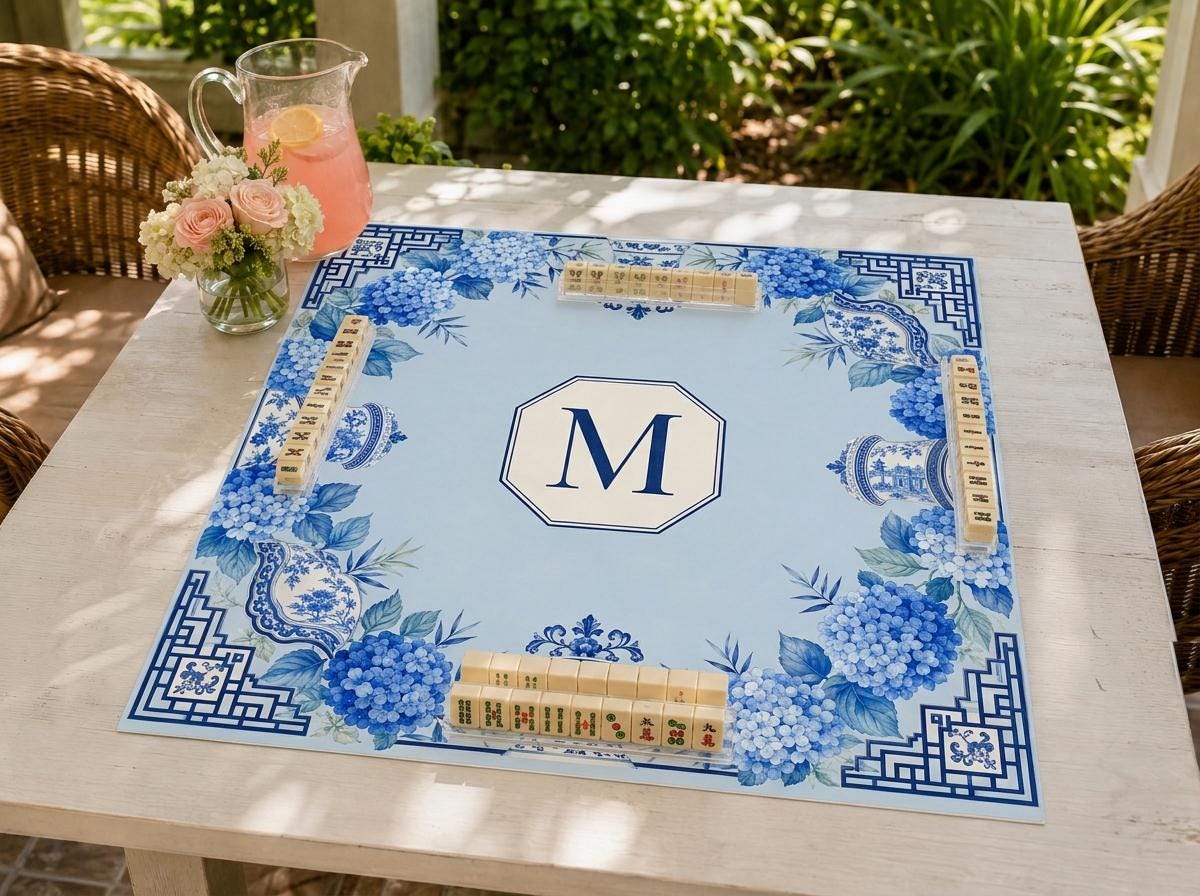 Personalized Mahjong Mat, Blue Hydrangea Chinoiserie, Custom Monogram Game Table Gift, 31.5 Inch