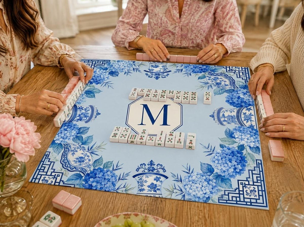 Personalized Mahjong Mat, Blue Hydrangea Chinoiserie, Custom Monogram Game Table Gift, 31.5 Inch