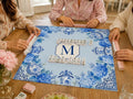 Personalized Mahjong Mat, Blue Hydrangea Chinoiserie, Custom Monogram Game Table Gift, 31.5 Inch