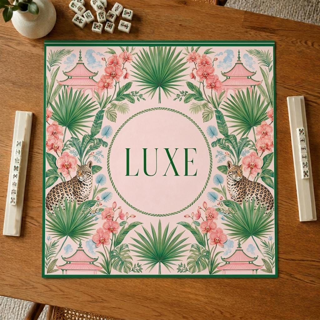 Personalized Mahjong Mat, Pink Pagoda Jungle, Leopard Chinoiserie, Custom Name Gift, 31.5 Inch