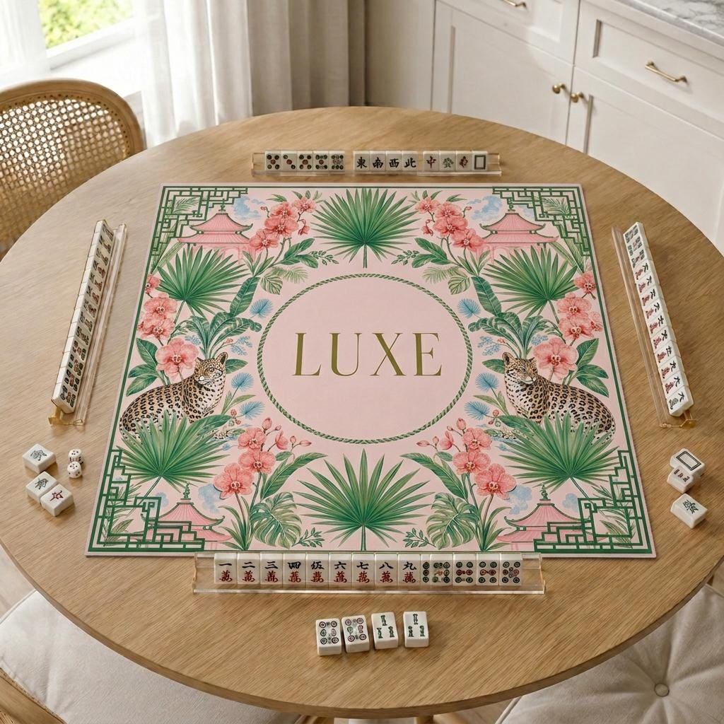 Personalized Mahjong Mat, Pink Pagoda Jungle, Leopard Chinoiserie, Custom Name Gift, 31.5 Inch