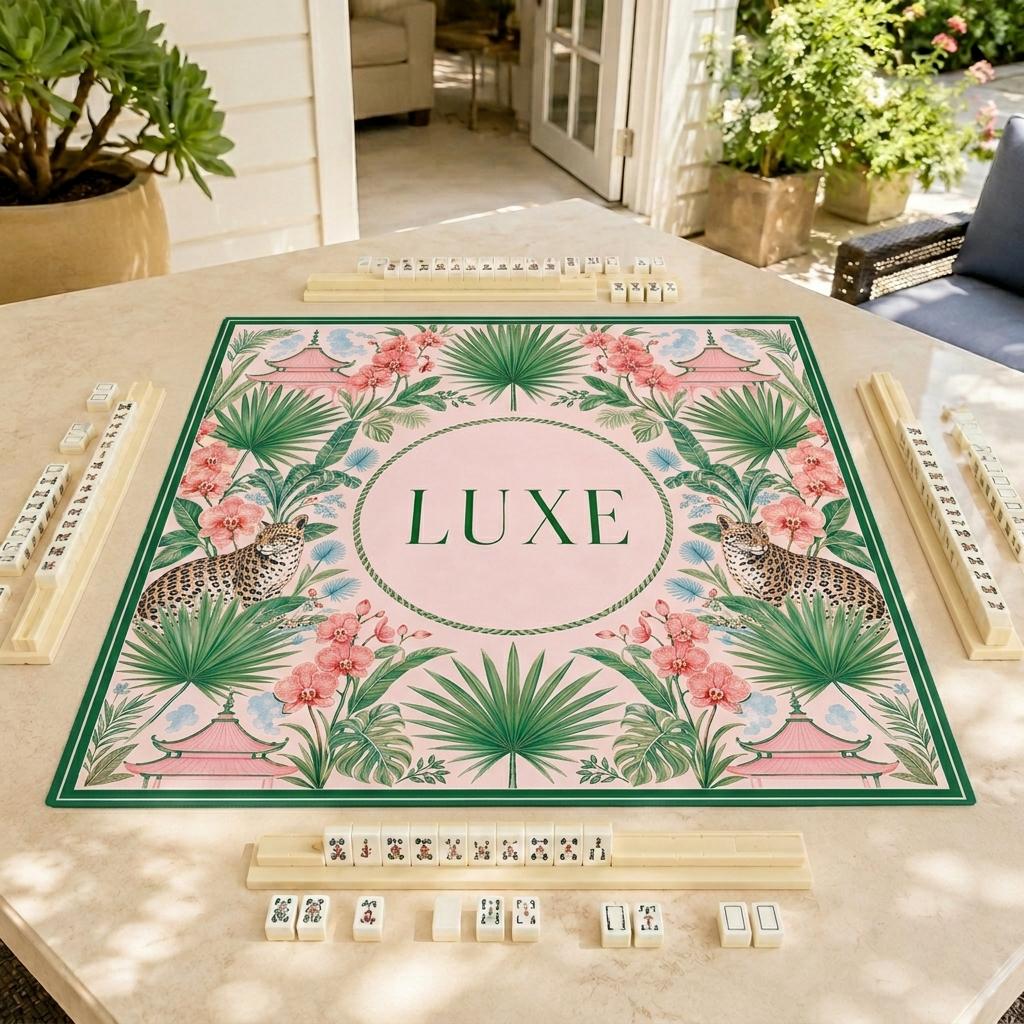 Personalized Mahjong Mat, Pink Pagoda Jungle, Leopard Chinoiserie, Custom Name Gift, 31.5 Inch