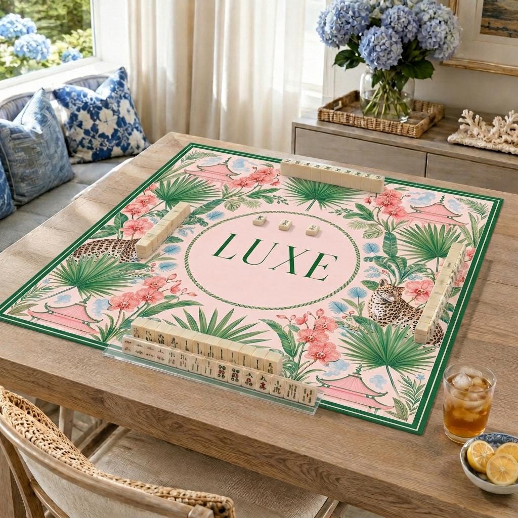 Personalized Mahjong Mat, Pink Pagoda Jungle, Leopard Chinoiserie, Custom Name Gift, 31.5 Inch