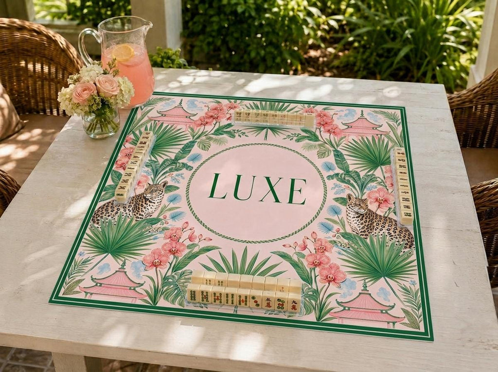 Personalized Mahjong Mat, Pink Pagoda Jungle, Leopard Chinoiserie, Custom Name Gift, 31.5 Inch