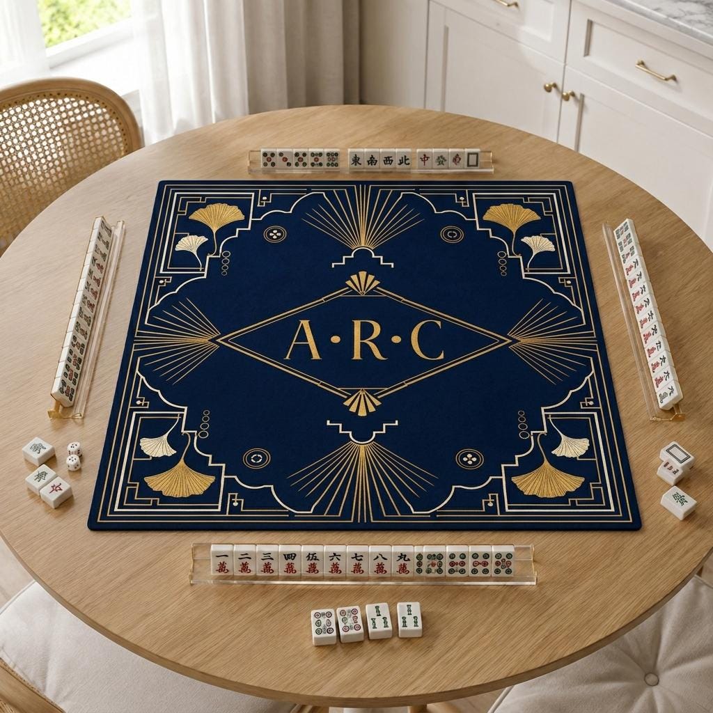 Personalized Mahjong Mat, Navy Blue Art Deco, Gold Ginkgo Game Table Gift, 31.5 Inch