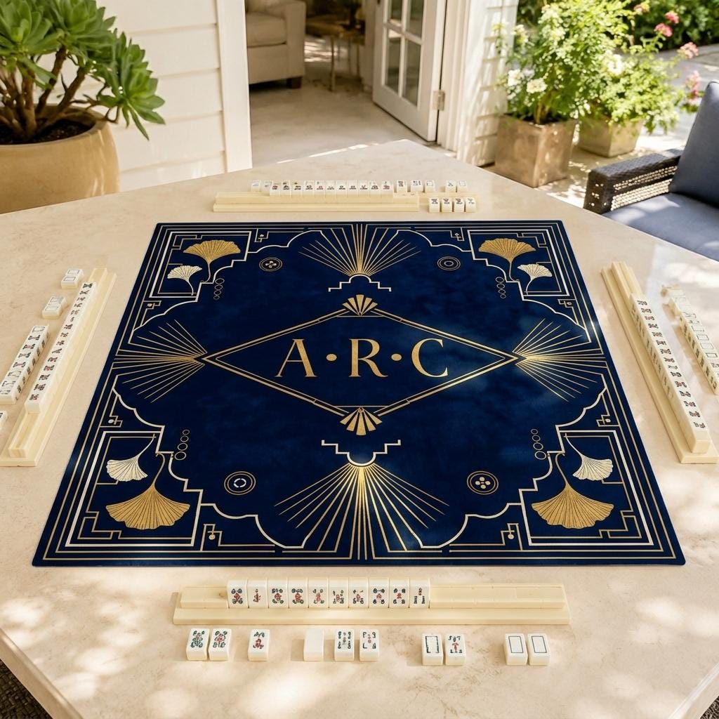 Personalized Mahjong Mat, Navy Blue Art Deco, Gold Ginkgo Game Table Gift, 31.5 Inch