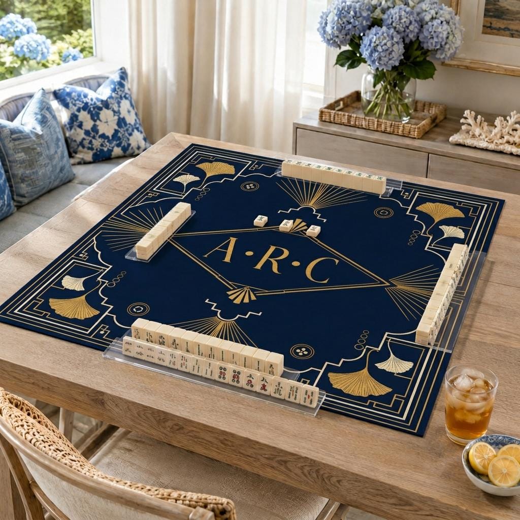 Personalized Mahjong Mat, Navy Blue Art Deco, Gold Ginkgo Game Table Gift, 31.5 Inch