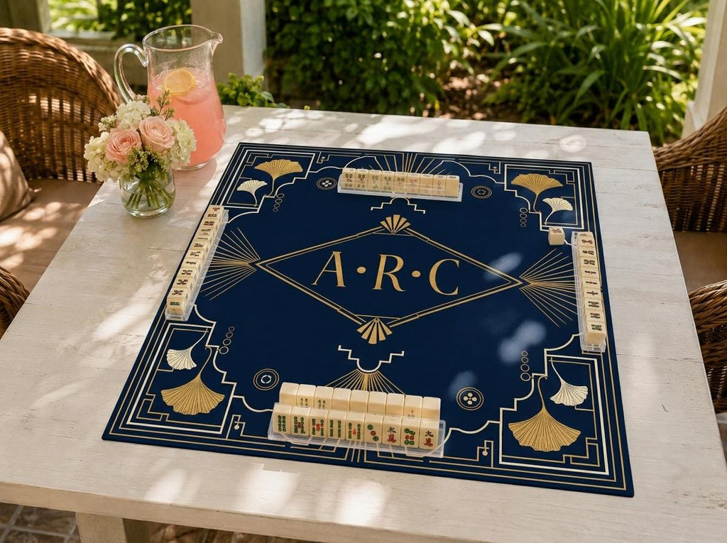 Personalized Mahjong Mat, Navy Blue Art Deco, Gold Ginkgo Game Table Gift, 31.5 Inch