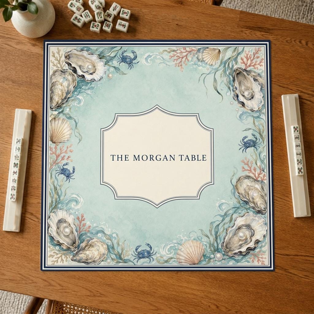 Personalized Mahjong Mat, Coastal Oyster Design, Custom Family Name Game Table Gift, 31.5 Inch