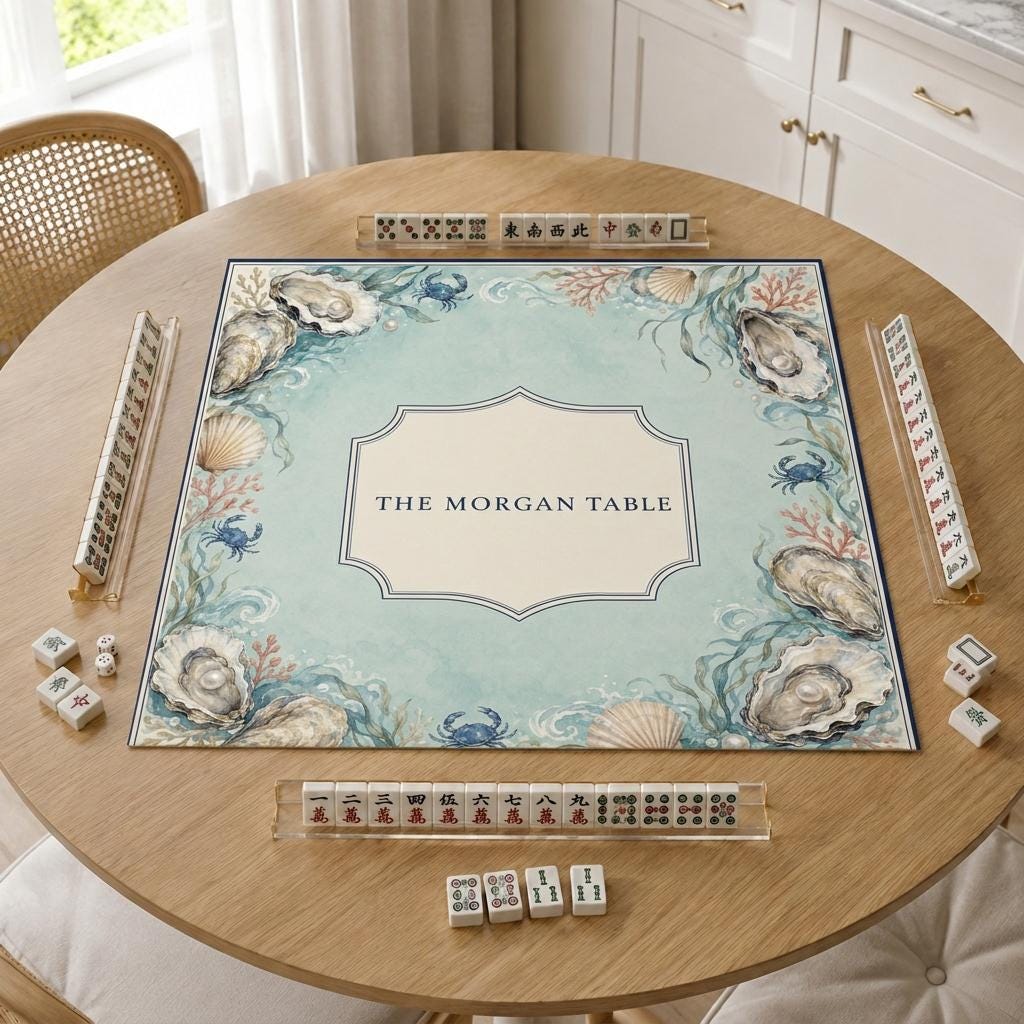 Personalized Mahjong Mat, Coastal Oyster Design, Custom Family Name Game Table Gift, 31.5 Inch