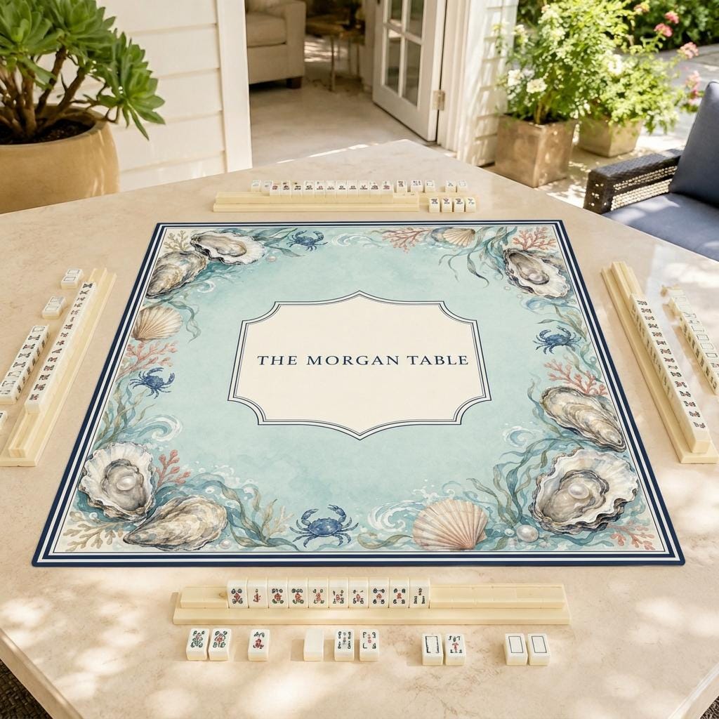 Personalized Mahjong Mat, Coastal Oyster Design, Custom Family Name Game Table Gift, 31.5 Inch