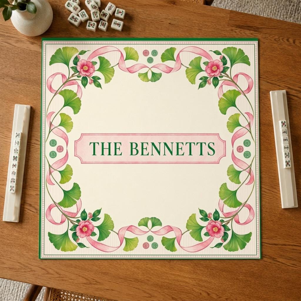 Personalized Mahjong Mat, Pink Ribbon Ginkgo Floral, Custom Family Name Game Table, 31.5 Inch