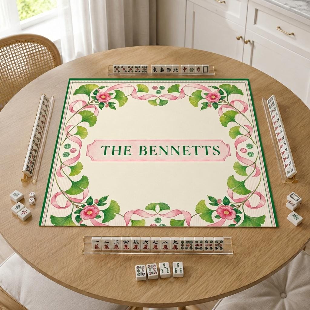 Personalized Mahjong Mat, Pink Ribbon Ginkgo Floral, Custom Family Name Game Table, 31.5 Inch