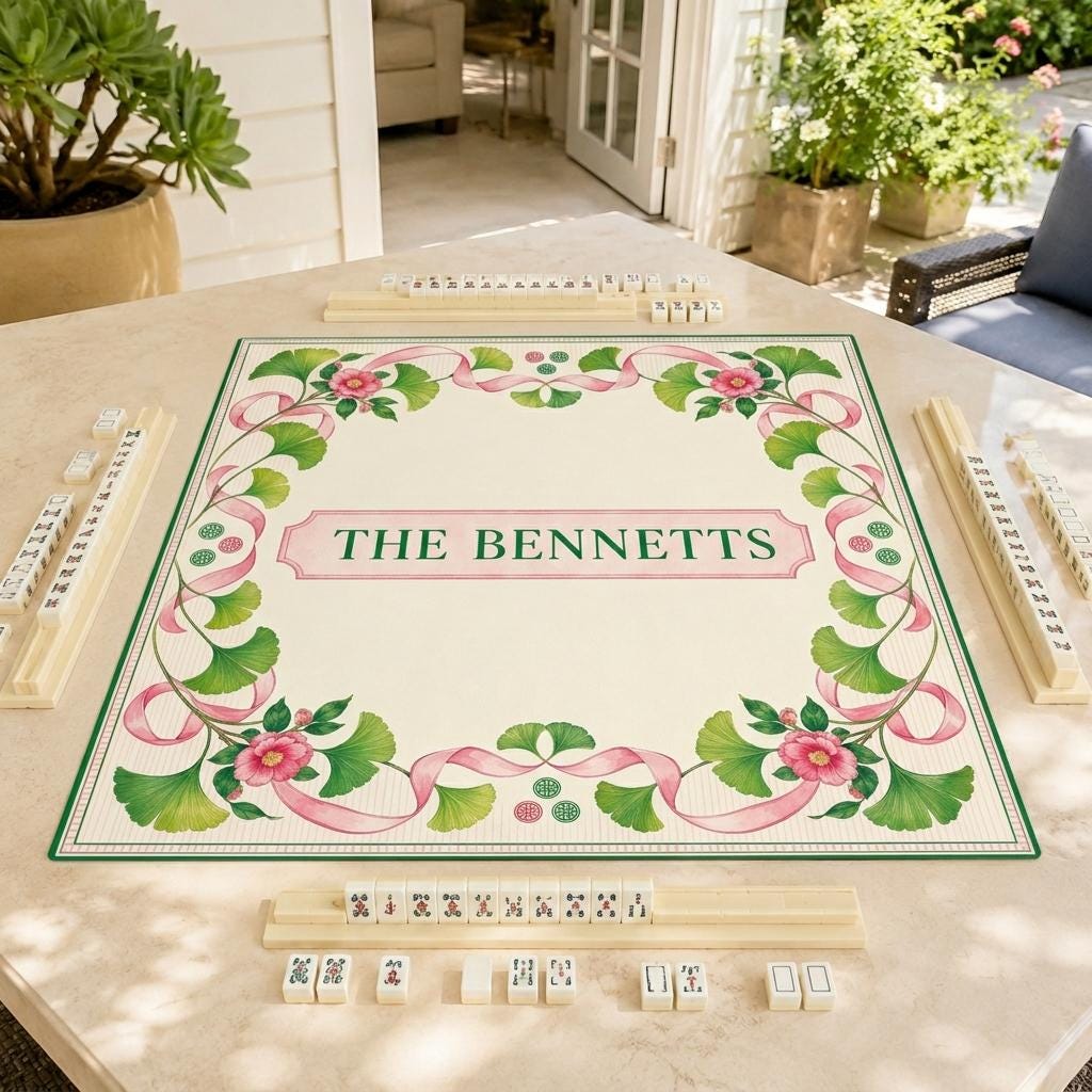 Personalized Mahjong Mat, Pink Ribbon Ginkgo Floral, Custom Family Name Game Table, 31.5 Inch