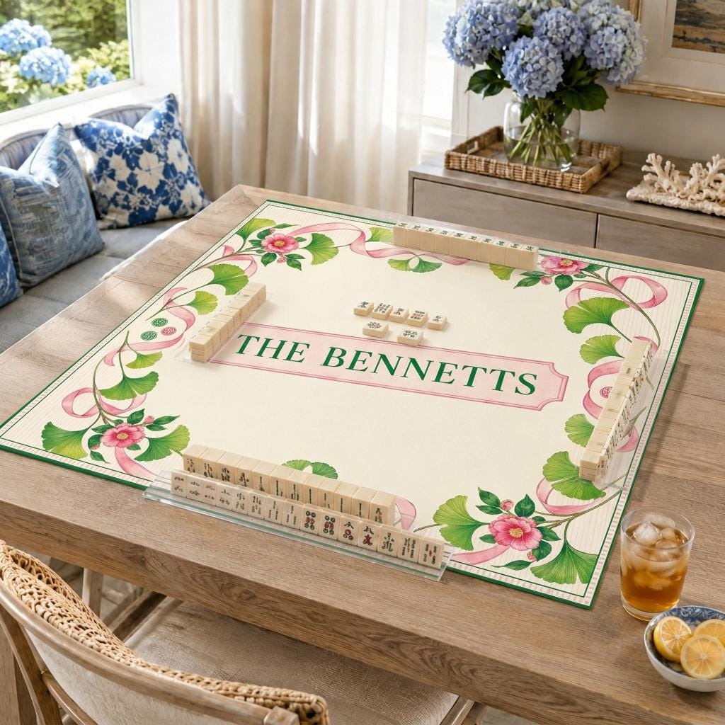 Personalized Mahjong Mat, Pink Ribbon Ginkgo Floral, Custom Family Name Game Table, 31.5 Inch