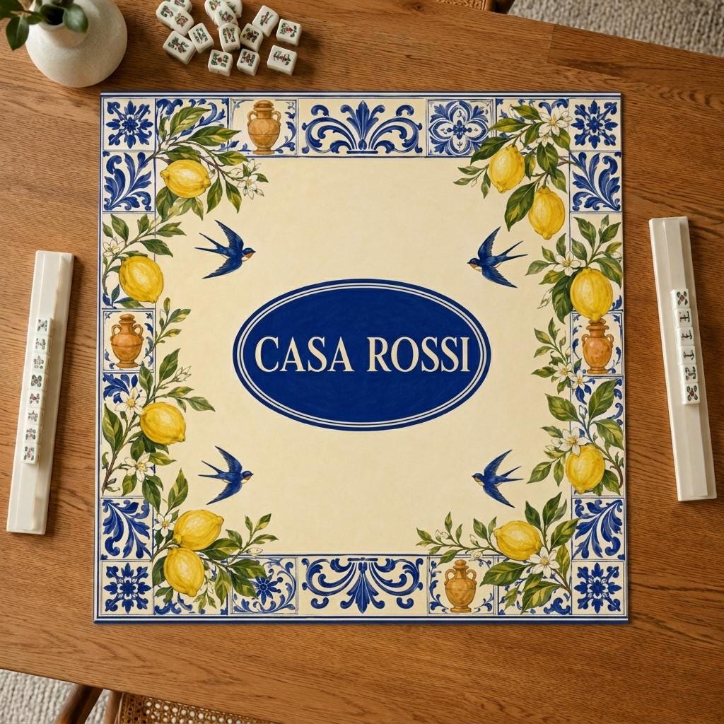 Personalized Mahjong Mat, Italian Lemon Tile Design, Family Name Game Table Gift, 31.5 Inch
