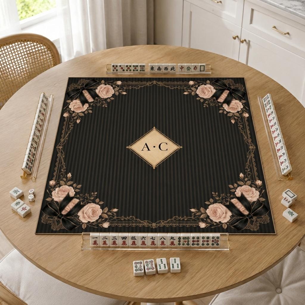 Coquette Mahjong Mat, Black Roses and Bows, Personalized Game Table, 31.5 Inch