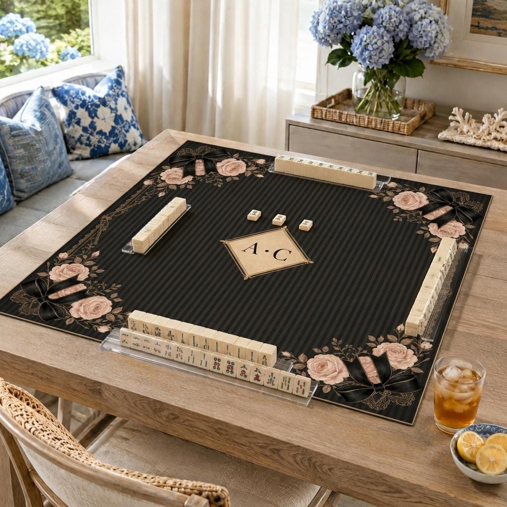 Coquette Mahjong Mat, Black Roses and Bows, Personalized Game Table, 31.5 Inch