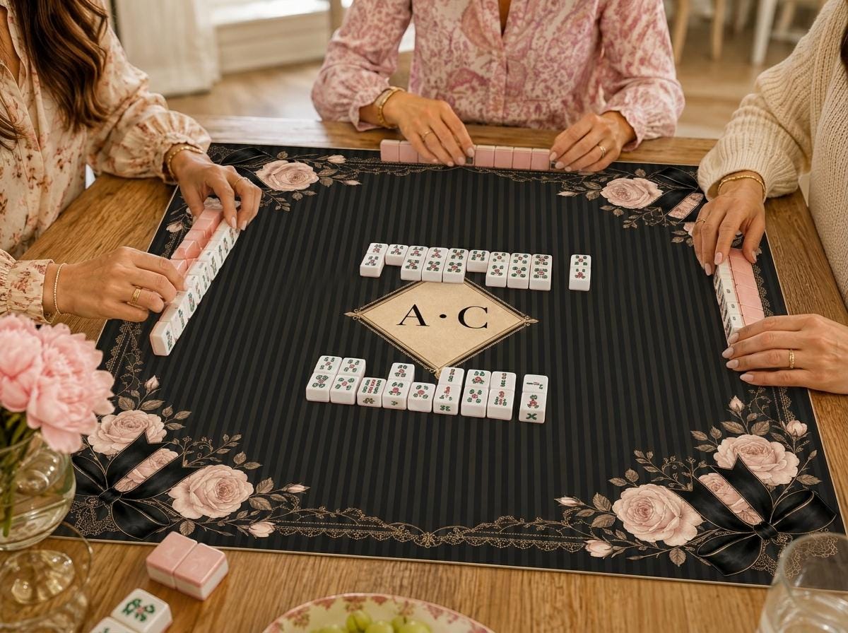 Coquette Mahjong Mat, Black Roses and Bows, Personalized Game Table, 31.5 Inch