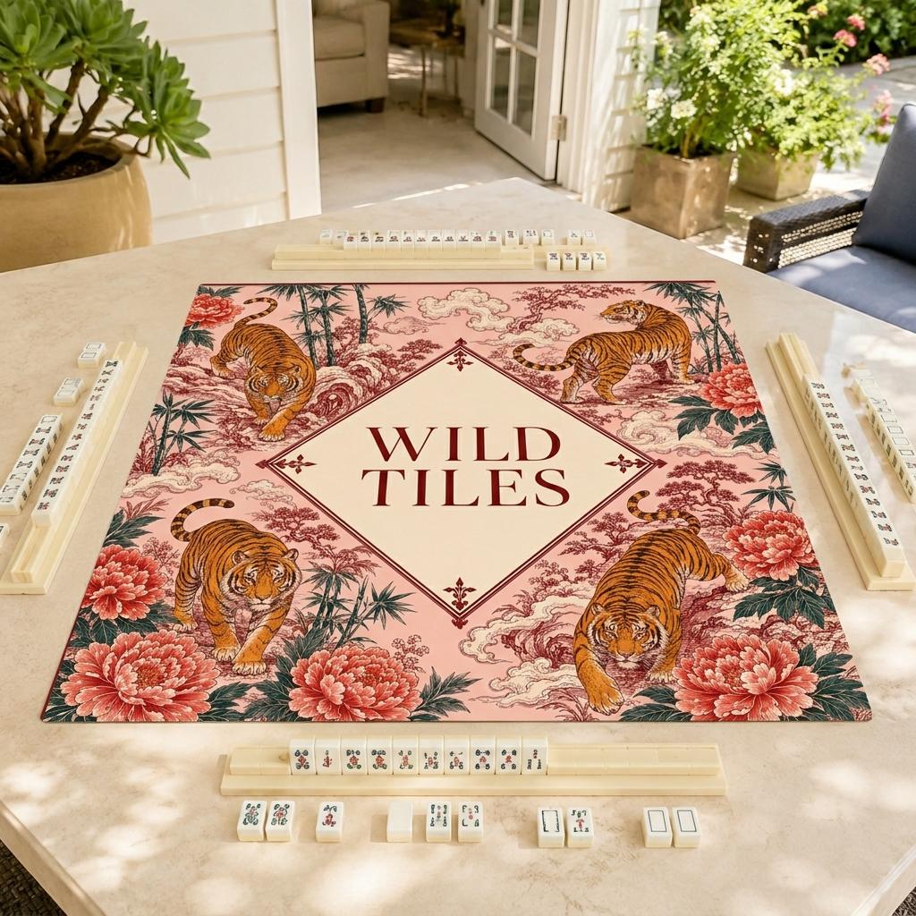 Tiger Mahjong Mat, Asian Botanical Game Table Design, Custom Text Gift, 31.5 Inch