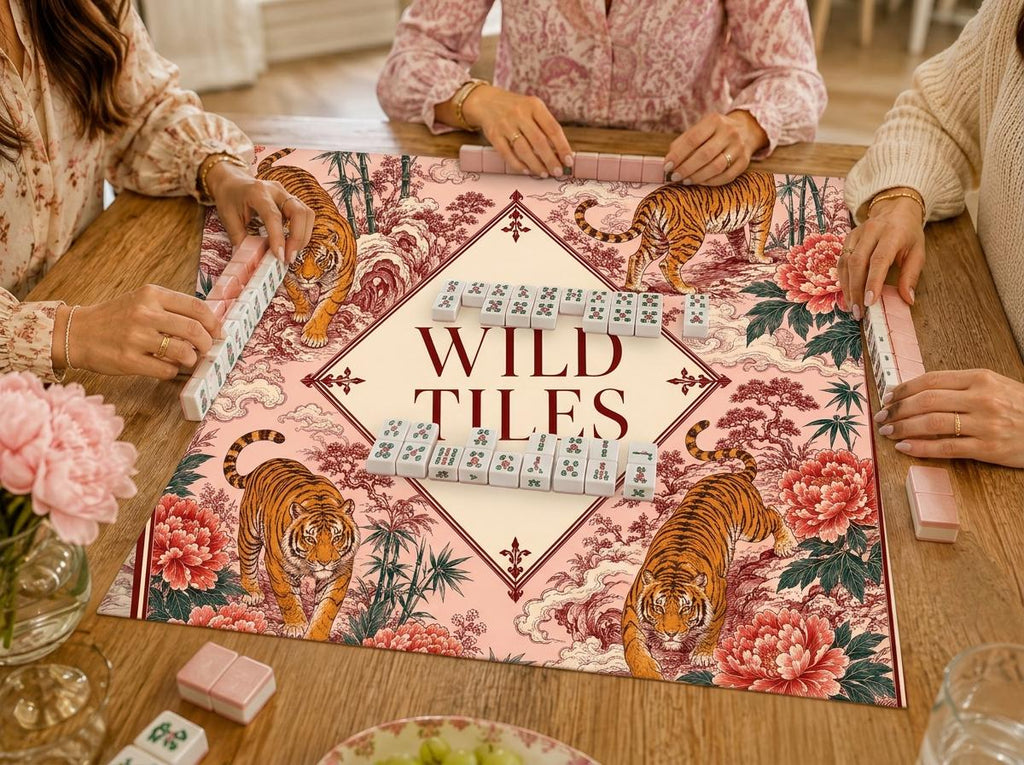 Tiger Mahjong Mat, Asian Botanical Game Table Design, Custom Text Gift, 31.5 Inch