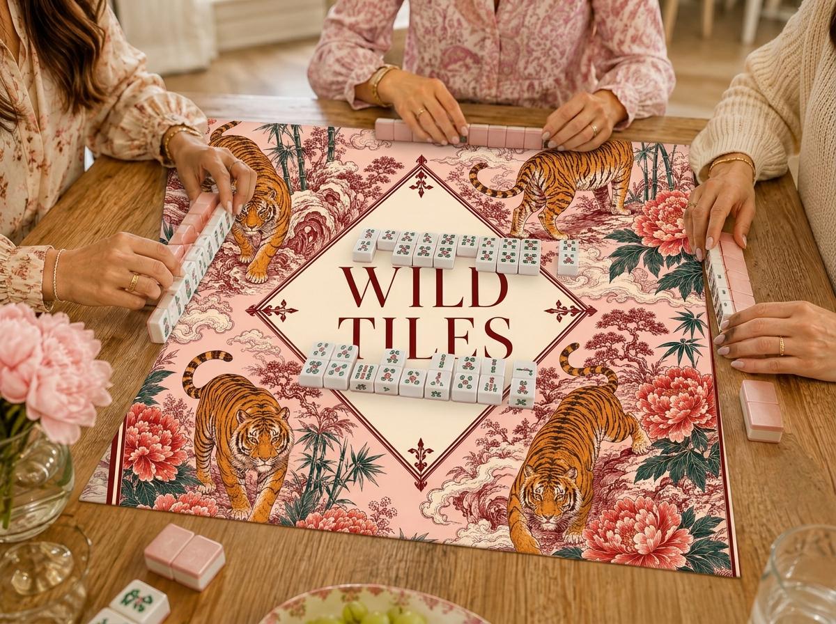 Tiger Mahjong Mat, Asian Botanical Game Table Design, Custom Text Gift, 31.5 Inch
