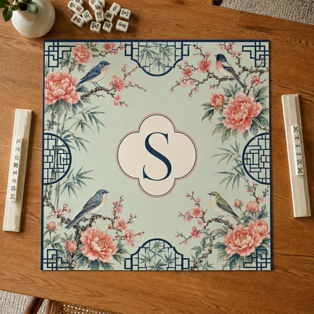 Chinoiserie Mahjong Mat, Birds and Peonies, Personalized Monogram Gift, 31.5 Inch