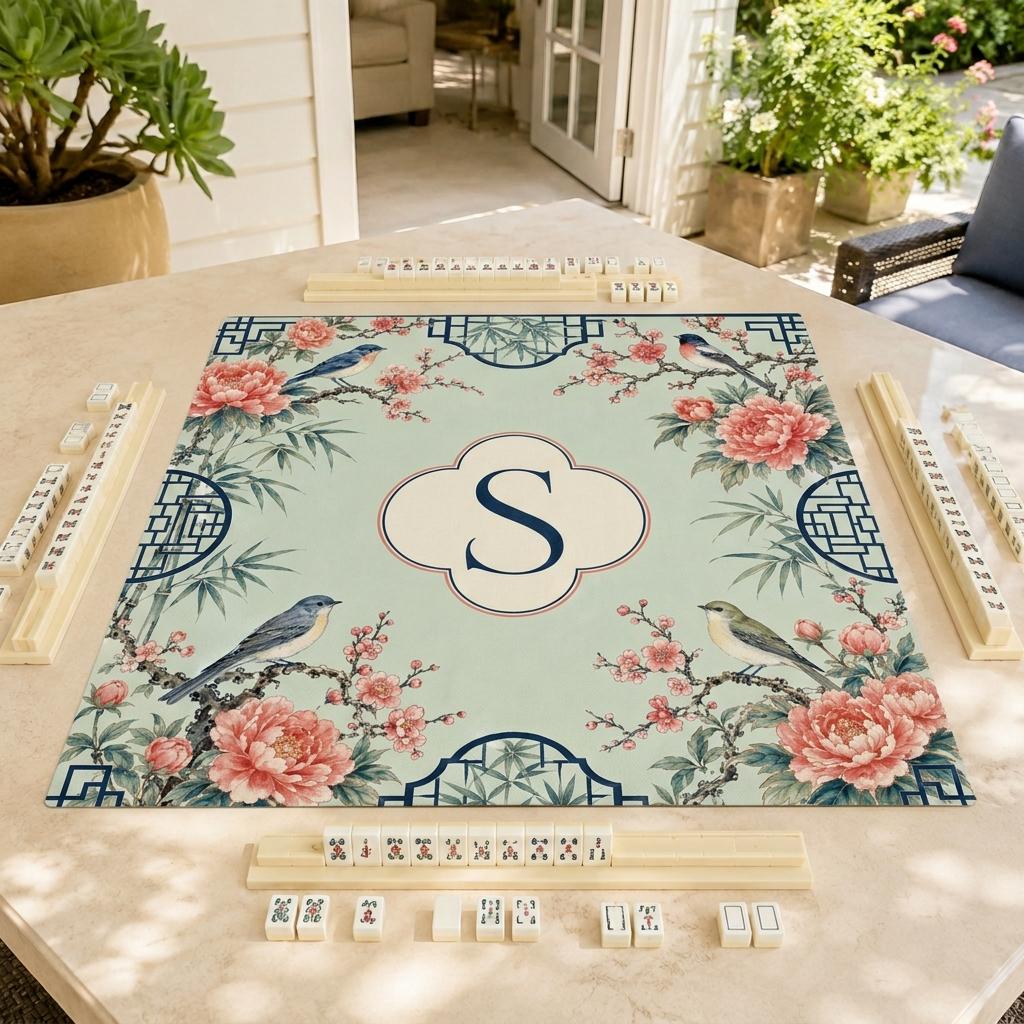 Chinoiserie Mahjong Mat, Birds and Peonies, Personalized Monogram Gift, 31.5 Inch