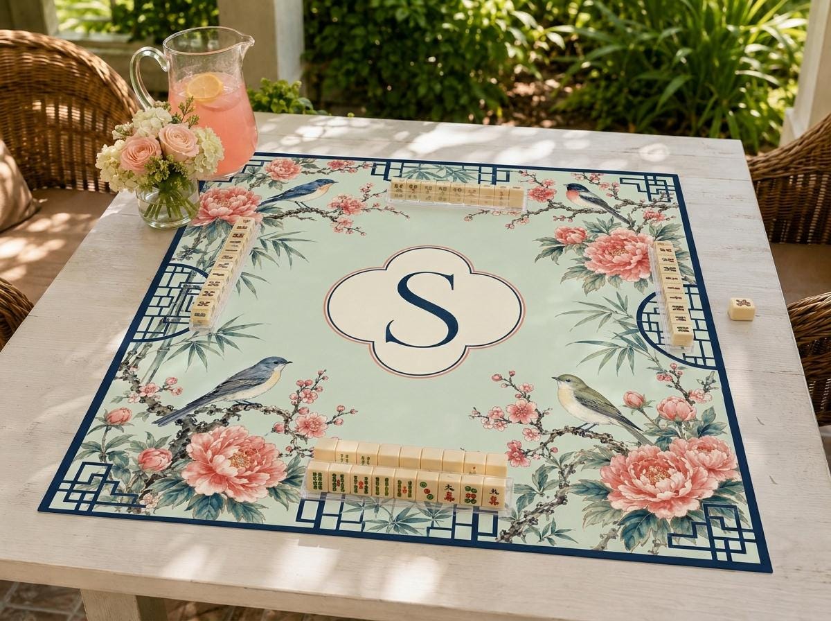 Chinoiserie Mahjong Mat, Birds and Peonies, Personalized Monogram Gift, 31.5 Inch