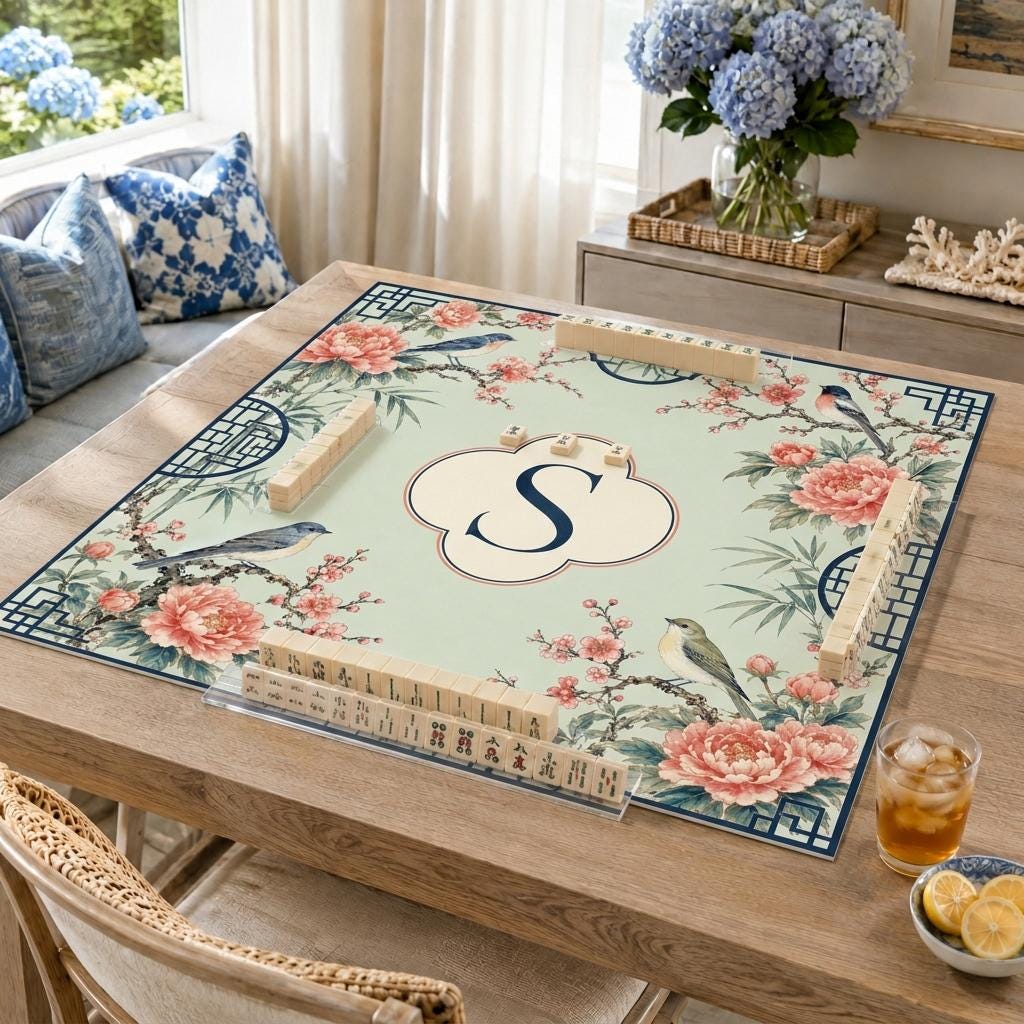 Chinoiserie Mahjong Mat, Birds and Peonies, Personalized Monogram Gift, 31.5 Inch