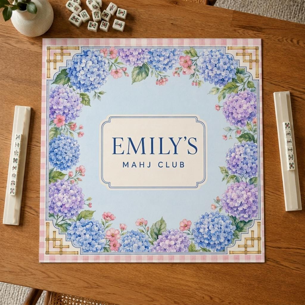 Hydrangea Mahjong Mat, Personalized Mahj Club Gift, Pink Gingham, 31.5 Inch