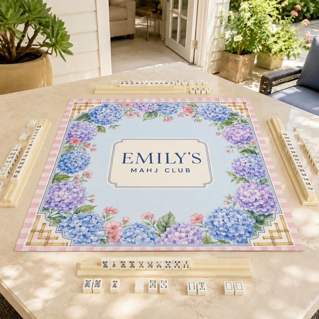 Hydrangea Mahjong Mat, Personalized Mahj Club Gift, Pink Gingham, 31.5 Inch