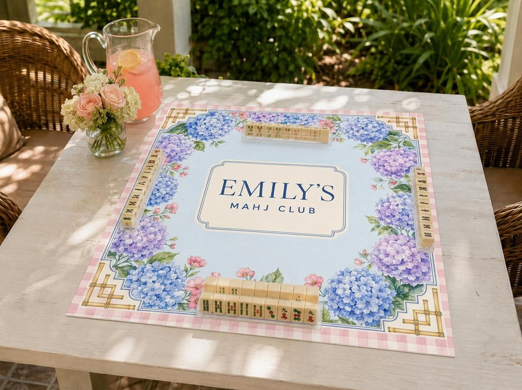 Hydrangea Mahjong Mat, Personalized Mahj Club Gift, Pink Gingham, 31.5 Inch