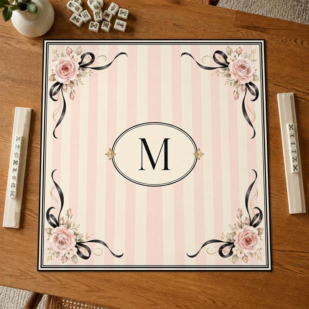 Coquette Mahjong Mat, Pink Stripe Rose Bow Monogram Design, 31.5 Inch