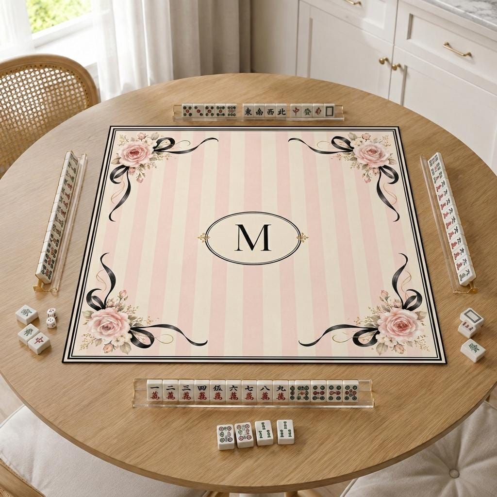 Coquette Mahjong Mat, Pink Stripe Rose Bow Monogram Design, 31.5 Inch