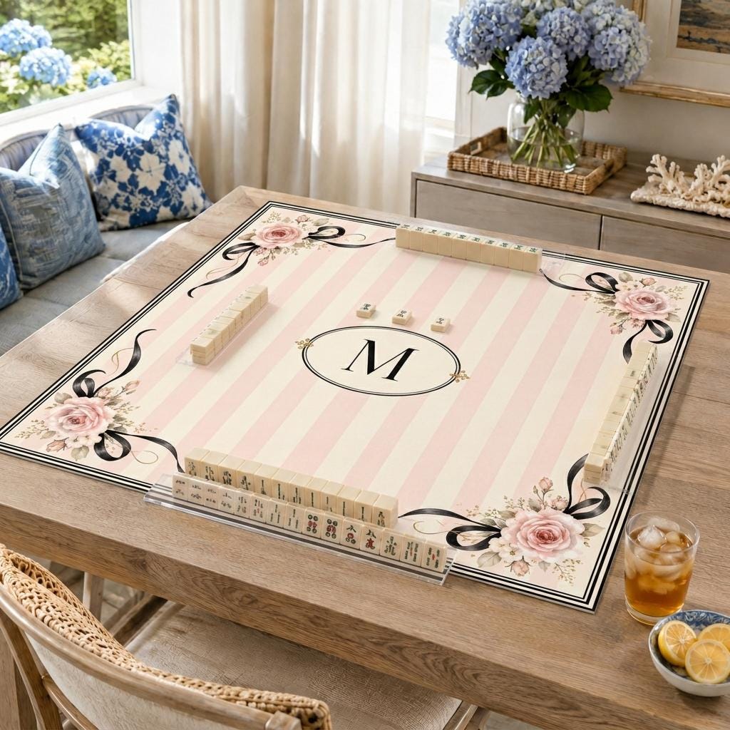 Coquette Mahjong Mat, Pink Stripe Rose Bow Monogram Design, 31.5 Inch
