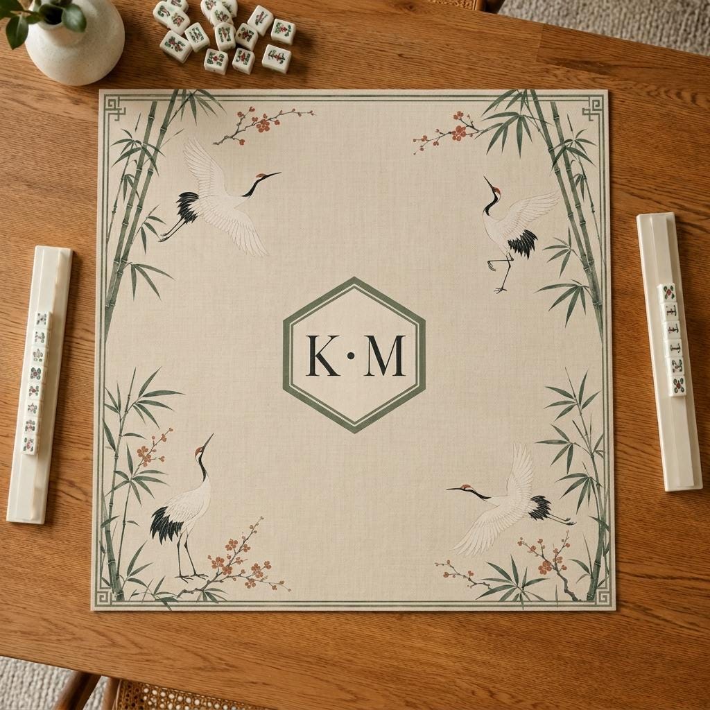 Crane Mahjong Mat, Bamboo Chinoiserie Monogram Design, Sage Green, 31.5 Inch