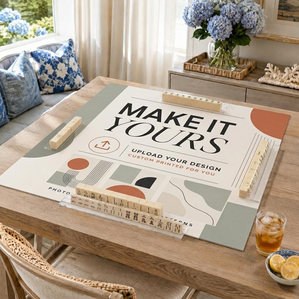 Custom Printed Mahjong Mat, Personalized Print, Vegan Leather Mat, 31.5 Inch