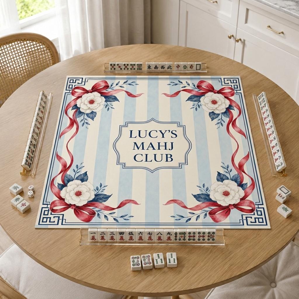 Personalized Mahjong Mat, Red Bow Floral Mahj Club Design, 31.5 Inch