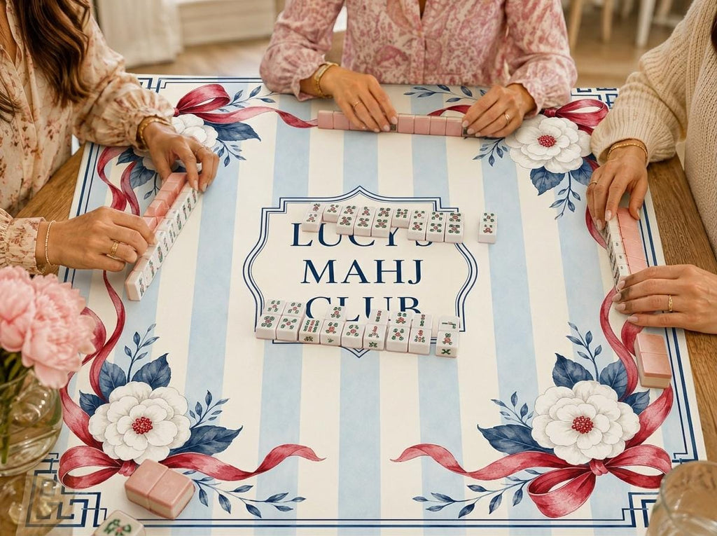 Personalized Mahjong Mat, Red Bow Floral Mahj Club Design, 31.5 Inch