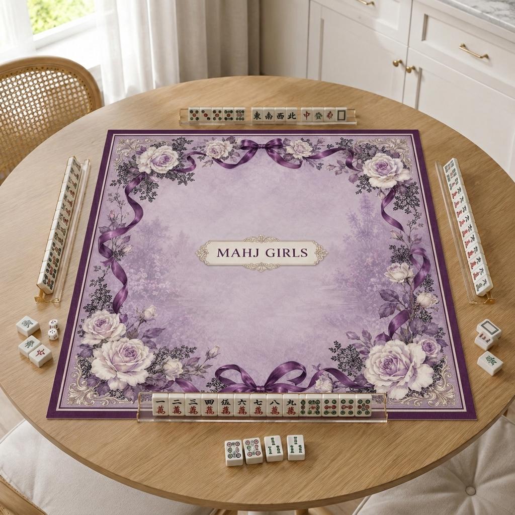 Purple Floral Mahjong Mat, Personalized Mahj Girls Design, Rose Ribbon Game Gift, 31.5 Inch