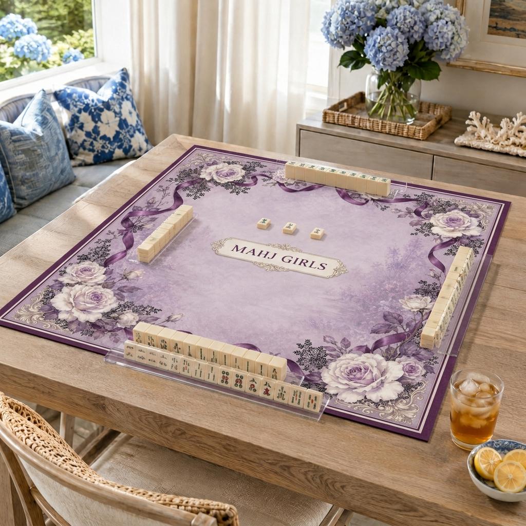 Purple Floral Mahjong Mat, Personalized Mahj Girls Design, Rose Ribbon Game Gift, 31.5 Inch