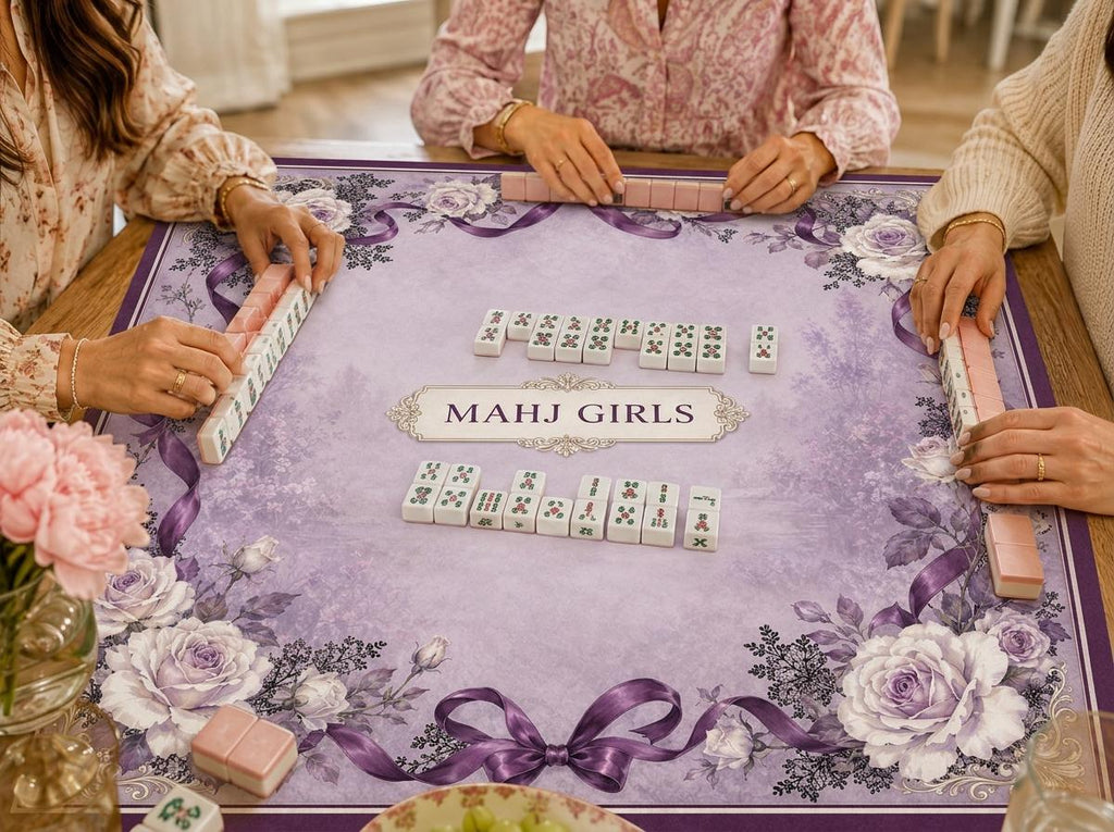 Purple Floral Mahjong Mat, Personalized Mahj Girls Design, Rose Ribbon Game Gift, 31.5 Inch
