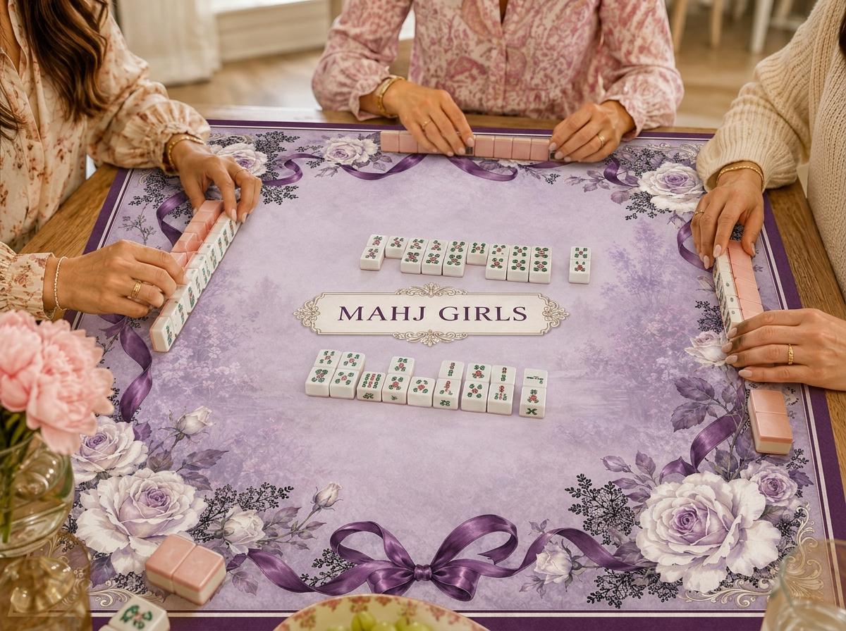 Purple Floral Mahjong Mat, Personalized Mahj Girls Design, Rose Ribbon Game Gift, 31.5 Inch
