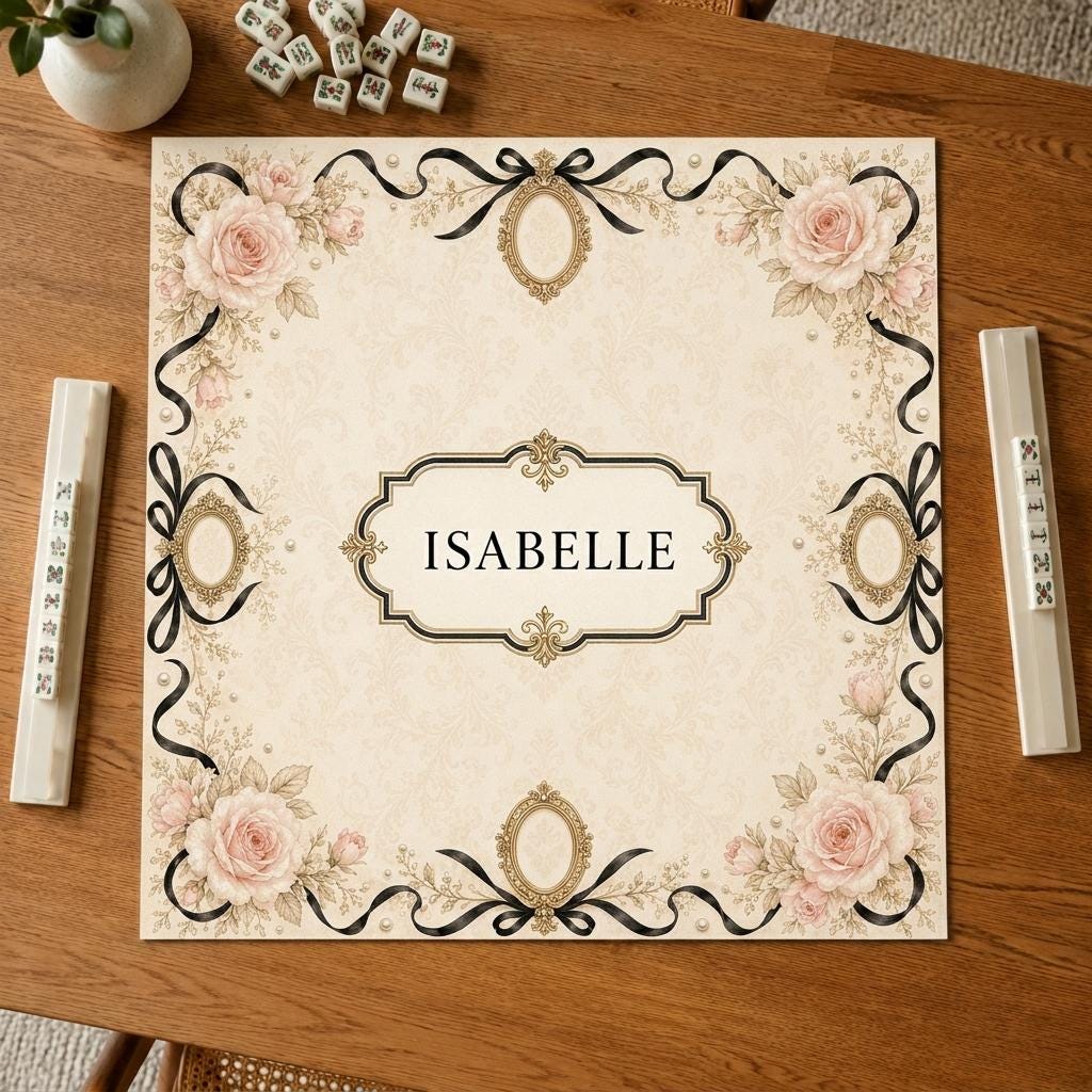 Personalized Mahjong Mat, Blush Rose & Black Ribbon Victorian Design, 31.5 Inch