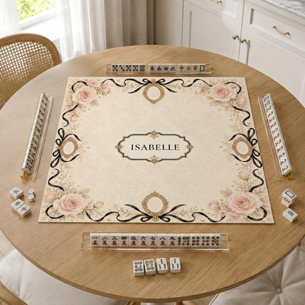 Personalized Mahjong Mat, Blush Rose & Black Ribbon Victorian Design, 31.5 Inch