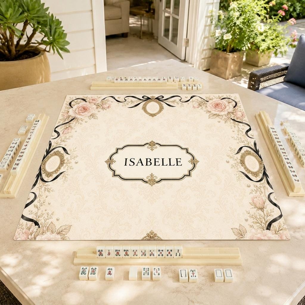 Personalized Mahjong Mat, Blush Rose & Black Ribbon Victorian Design, 31.5 Inch