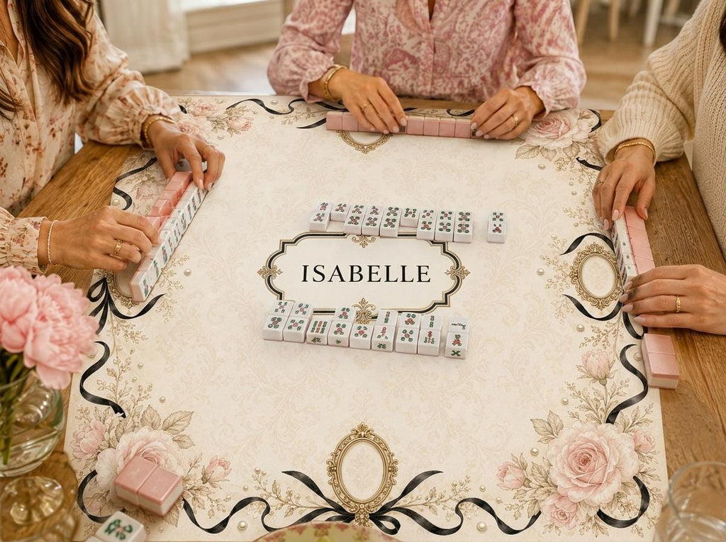 Personalized Mahjong Mat, Blush Rose & Black Ribbon Victorian Design, 31.5 Inch